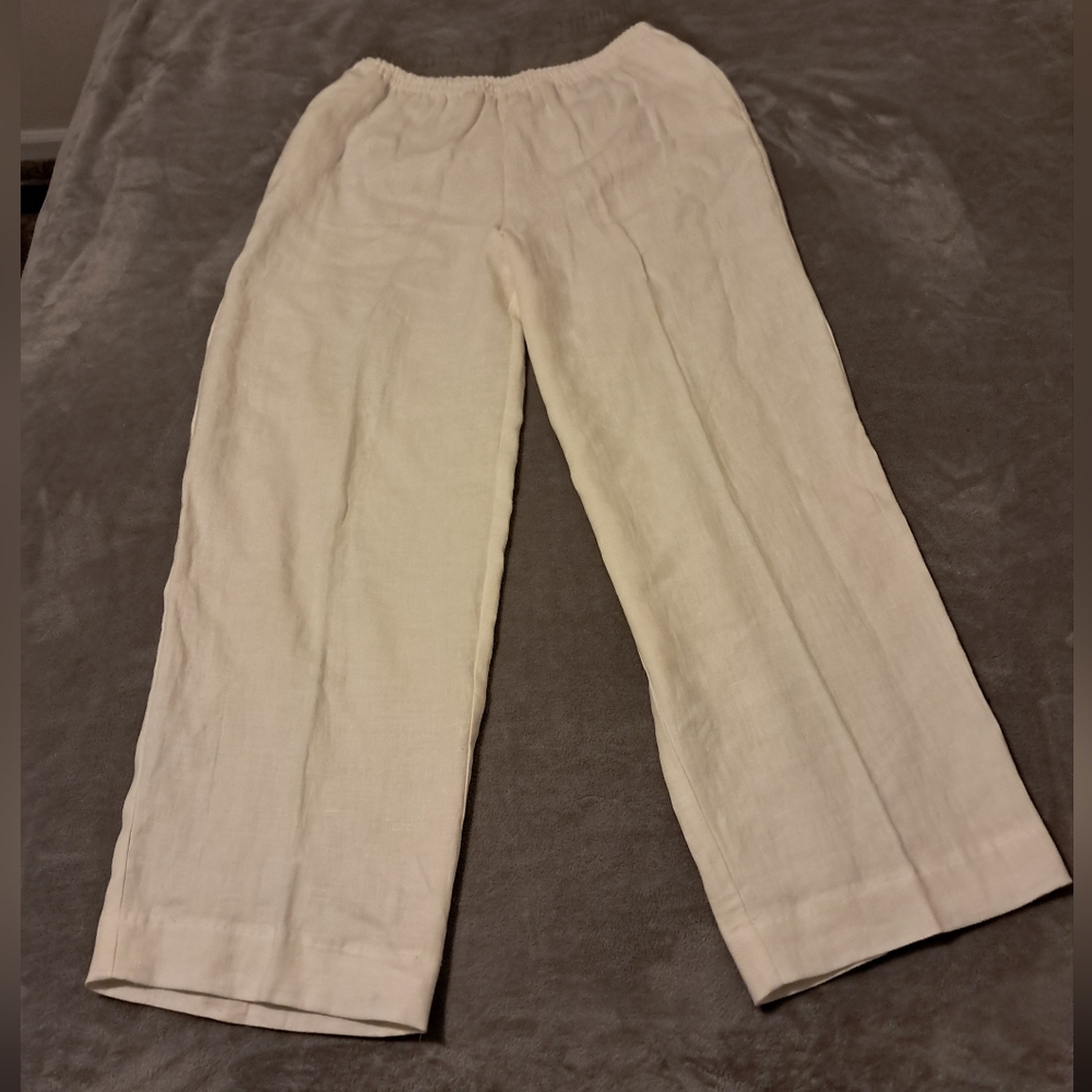 Nira Nira 100% Linen White Straight Leg Pull-on Stretchy Waistband Pockets Sz. L